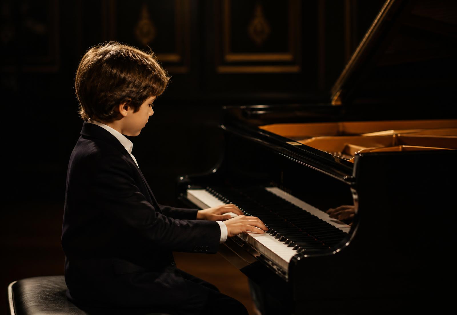 Criança tocando piano em sala da Oliver School